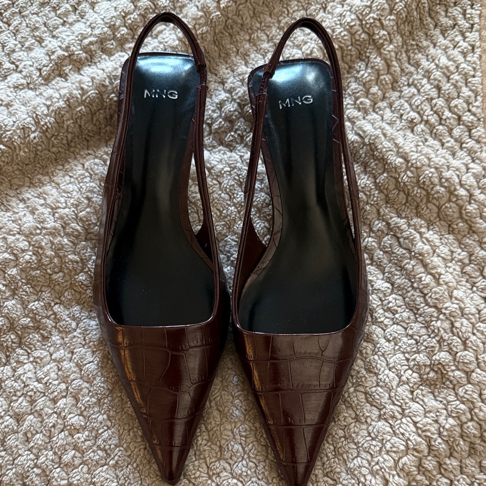 Mango burgundy kitten heels with croc detail